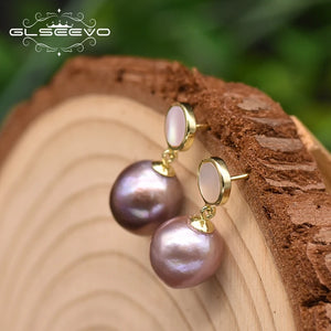 Baroque Purple Pearl Drop Earrings 925 Silver Gift for Her