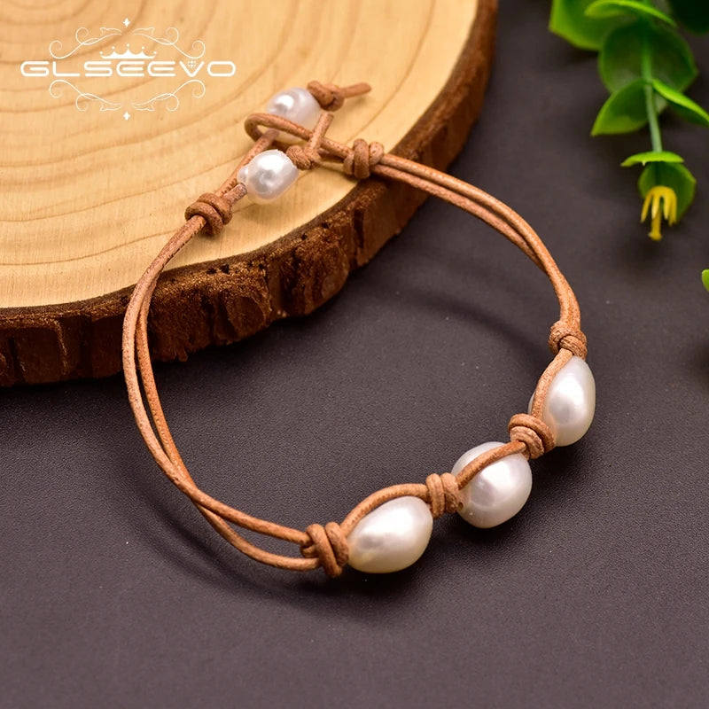 Baroque Pearl Cowhide Rope Bracelet For Women 8-9mm GB0160