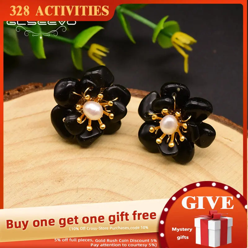 Agate Pearl Stud Earrings 925 Sterling Silver Flower Jewelry GE0780G