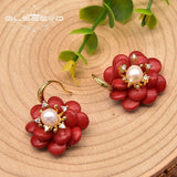 Natural Coral Pendant Earrings Red Flower Luxe Ladies Earrings Fine Jewelry