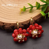 Natural Coral Pendant Earrings Red Flower Luxe Ladies Earrings Fine Jewelry