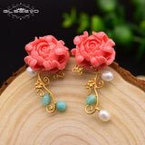 Natural Coral Red Flower Stud Earrings For Women Party Gift