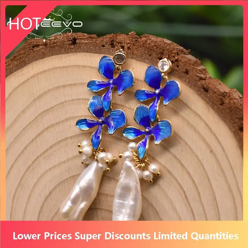 Baroque Pearl Cloisonne Flowers Earrings Women Gift GE0978