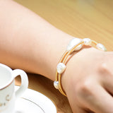 Natural Fresh Water Baroque Pearl Double Layer Bangle Bracelet for Women Party