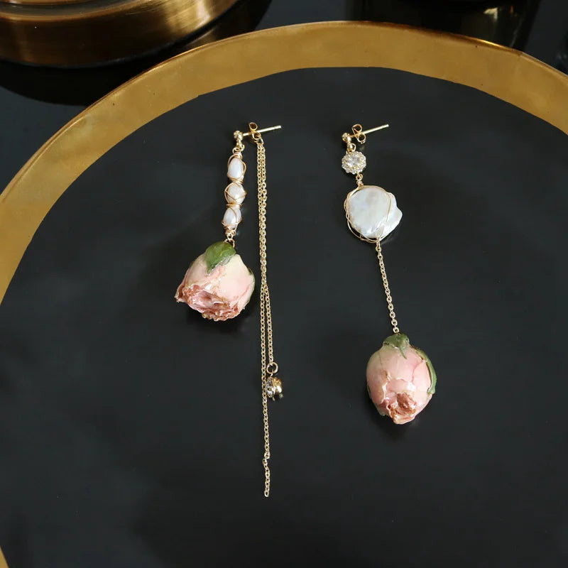Baroque Pearl Rose Flower Drop Earrings