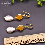 Fresh Water Baroque Pearls Dangle Hook Earrings Yellow Jade Jewelry GE0923B