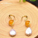 Fresh Water Baroque Pearls Dangle Hook Earrings Yellow Jade Jewelry GE0923B