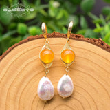 Fresh Water Baroque Pearls Dangle Hook Earrings Yellow Jade Jewelry GE0923B