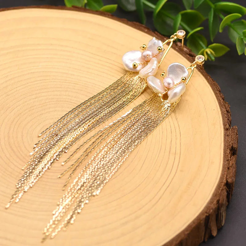 Natural Fresh Water Flower Tassel Drop Earrings GE0893