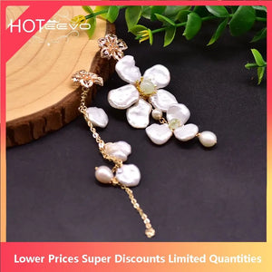 Fresh Water Pearl Asymmetric Drop Earrings Flower Tassel Dangle Jewelry
