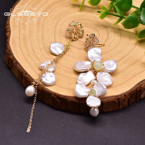 Fresh Water Pearl Asymmetric Drop Earrings Flower Tassel Dangle Jewelry