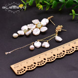Fresh Water Pearl Asymmetric Drop Earrings Flower Tassel Dangle Jewelry