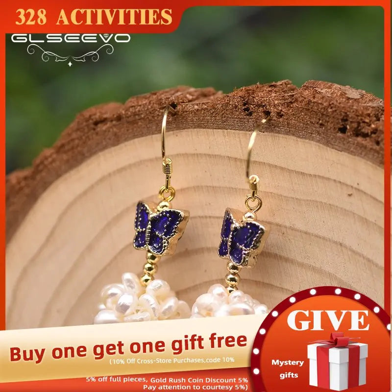 Fresh Water Pearl Cloisonne Butterfly Drop Earrings GE0971
