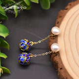 Freshwater Pearl Cloisonne Drop Earring 925 Silver Flower Wedding Jewelry