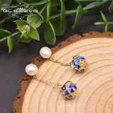 Freshwater Pearl Cloisonne Drop Earring 925 Silver Flower Wedding Jewelry