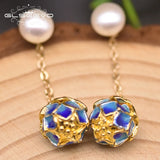 Freshwater Pearl Cloisonne Drop Earring 925 Silver Flower Wedding Jewelry