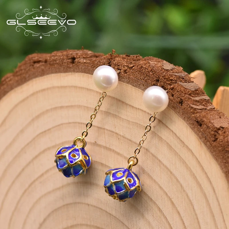 Freshwater Pearl Cloisonne Drop Earring 925 Silver Flower Wedding Jewelry