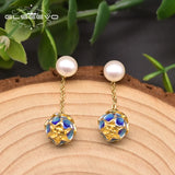 Freshwater Pearl Cloisonne Drop Earring 925 Silver Flower Wedding Jewelry
