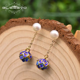 Freshwater Pearl Cloisonne Drop Earring 925 Silver Flower Wedding Jewelry