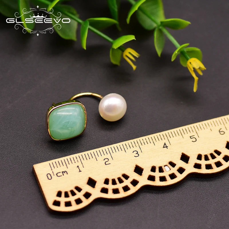 Fresh Water Pearl Green Glass Stud Earrings Wedding Jewelry