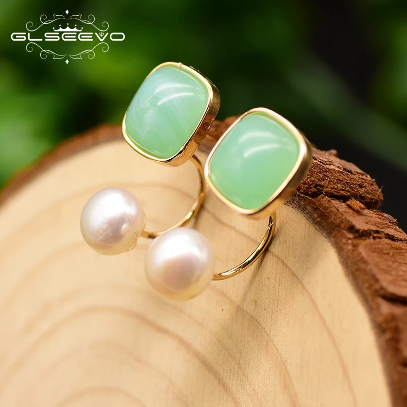 Fresh Water Pearl Green Glass Stud Earrings Wedding Jewelry