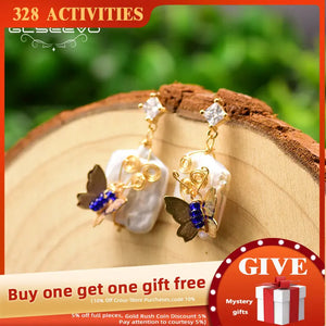 Square Pearl Dangle Earrings Freshwater Pearl Butterfly Wedding Jewelry
