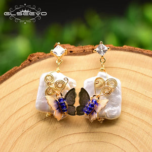 Square Pearl Dangle Earrings Freshwater Pearl Butterfly Wedding Jewelry