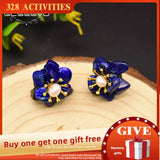 Freshwater Pearl Stud Earrings Lapis Flower Earring 925 Silver GE0616