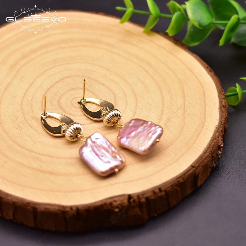 Fresh Water Purple Baroque Pearls Drop Earrings Vintage Jewelry