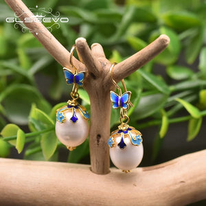 Fresh Water Pearl Cloisonne Butterfly Drop Earrings Gift GE0982