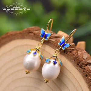 Fresh Water Pearl Cloisonne Butterfly Drop Earrings Gift GE0982
