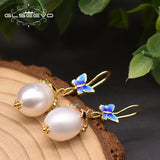 Fresh Water Pearl Cloisonne Butterfly Drop Earrings Gift GE0982