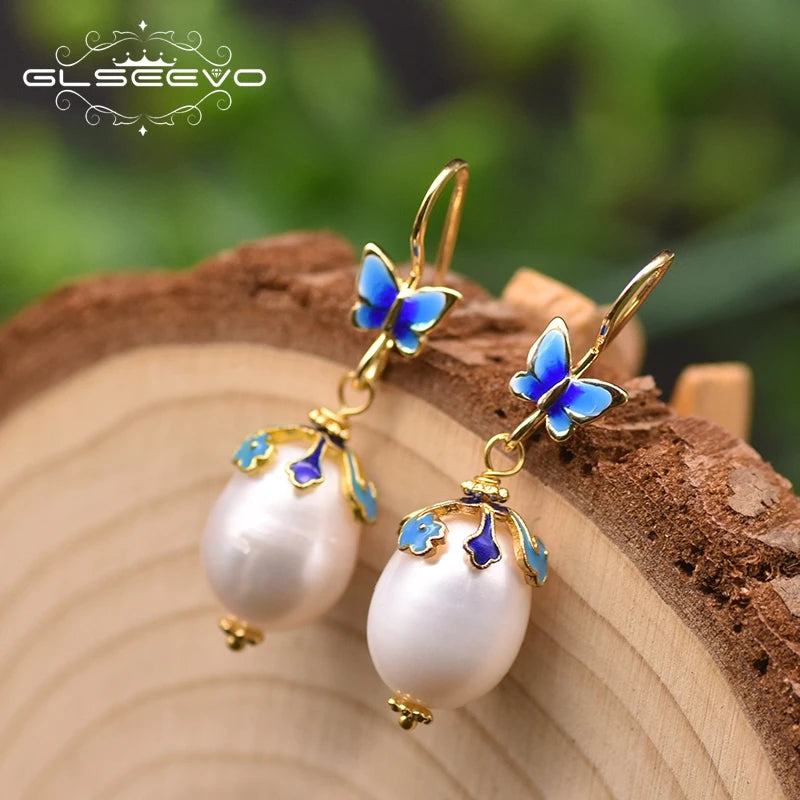 Fresh Water Pearl Cloisonne Butterfly Drop Earrings Gift GE0982