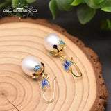 Fresh Water Pearl Cloisonne Butterfly Drop Earrings Gift GE0982