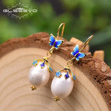 Fresh Water Pearl Cloisonne Butterfly Drop Earrings Gift GE0982