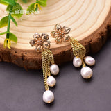 Fresh Water Pearls Flower Tassel Dangle Earrings Silver Vintage Jewellery