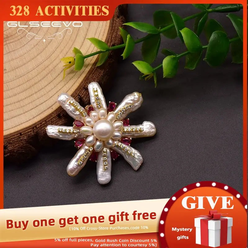 Baroque Pearl Brooch Red Zircon Wedding Gift