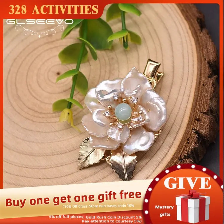 Baroque Pearl Hairpin Green Jade Flower Shape Handmade Jewelry