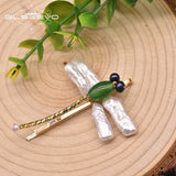 Baroque Pearl Hairpin Green Agate Dragonfly Style Jewelry