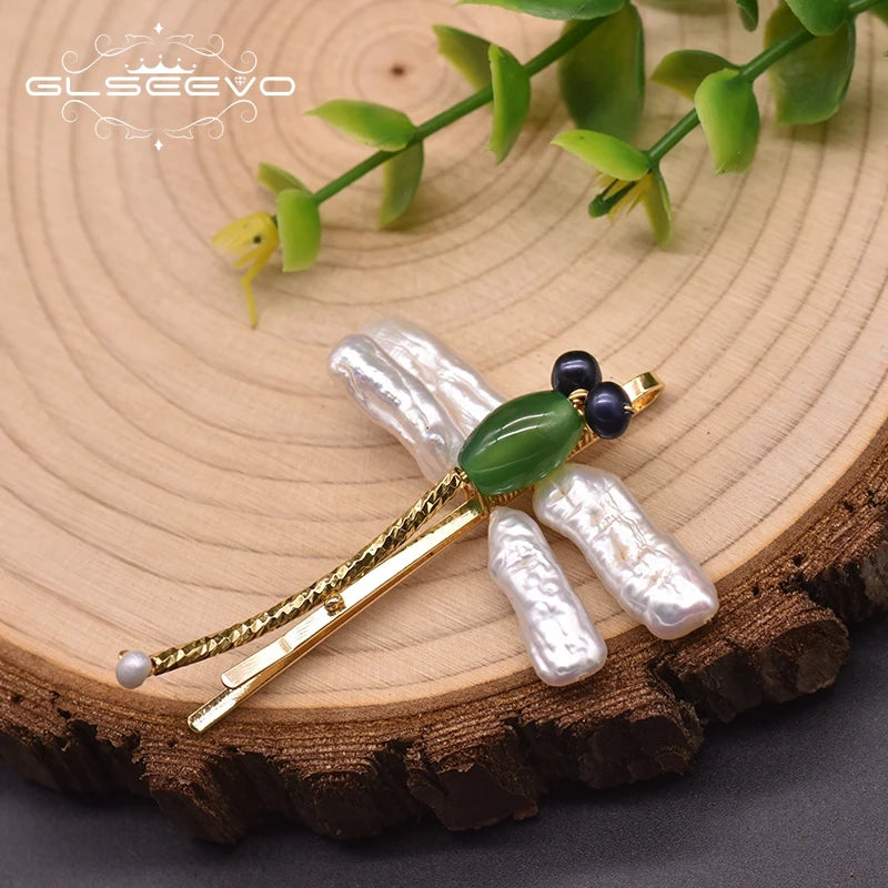 Baroque Pearl Hairpin Green Agate Dragonfly Style Jewelry