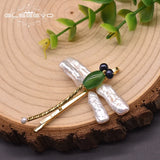 Baroque Pearl Hairpin Green Agate Dragonfly Style Jewelry