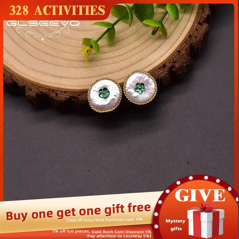 Baroque Round Pearl Stud Earrings Green Zircon Jewelry GE1016