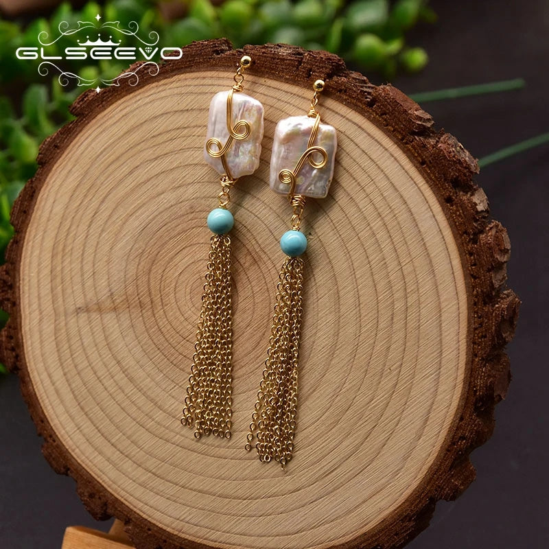 Baroque Pearl Earrings 925 Sterling Silver Vintage Turquoise Jewelry