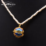 Freshwater Pearl Beaded Pendant Necklace Cloisonne Style Women Vintage Jewelry