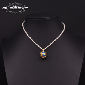 Freshwater Pearl Beaded Pendant Necklace Cloisonne Style Women Vintage Jewelry