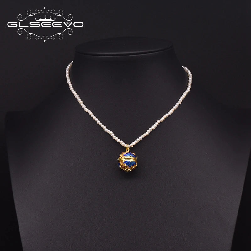 Freshwater Pearl Beaded Pendant Necklace Cloisonne Style Women Vintage Jewelry