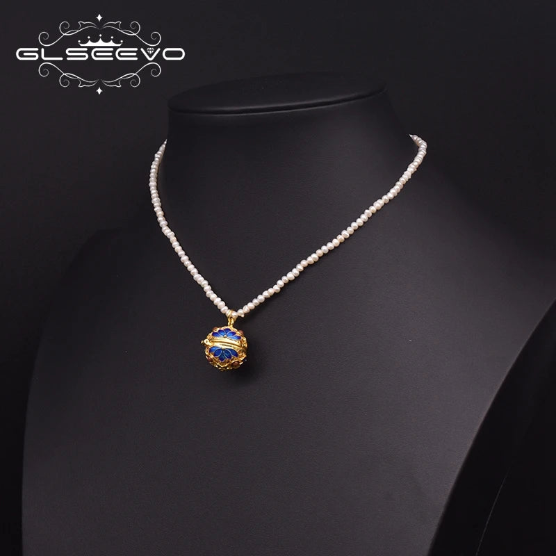 Freshwater Pearl Beaded Pendant Necklace Cloisonne Style Women Vintage Jewelry