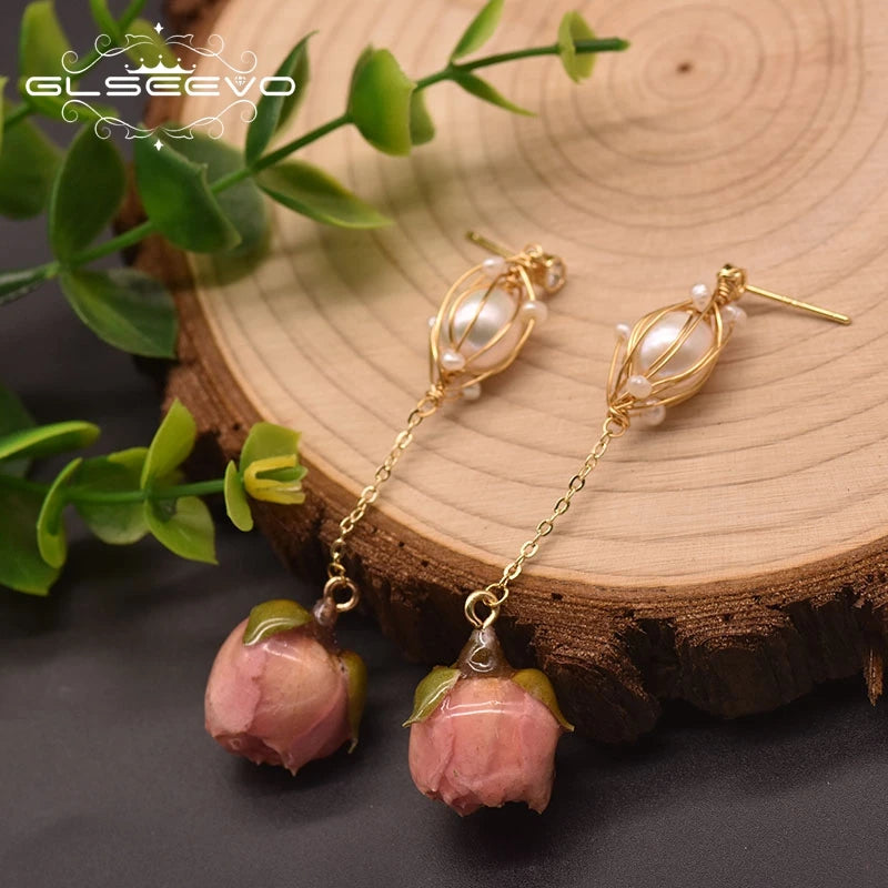 Freshwater Pearl Drop Earrings Rose Flower Ear Pin 925 Sterling Silver