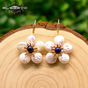 Freshwater Pearl Flower Pendant Earrings - Lapis Lazuli Wedding Jewelry