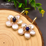 Freshwater Pearl Flower Pendant Earrings - Lapis Lazuli Wedding Jewelry